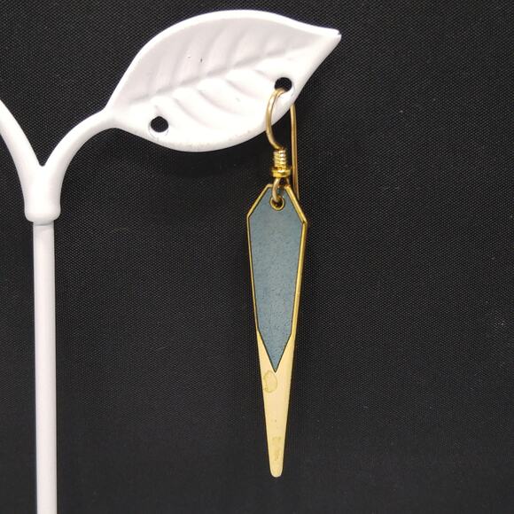 Laurel Burch Long Blue Enamel Earrings Gold Plated Cloisonné Dangle 1980s - Picture 3 of 10